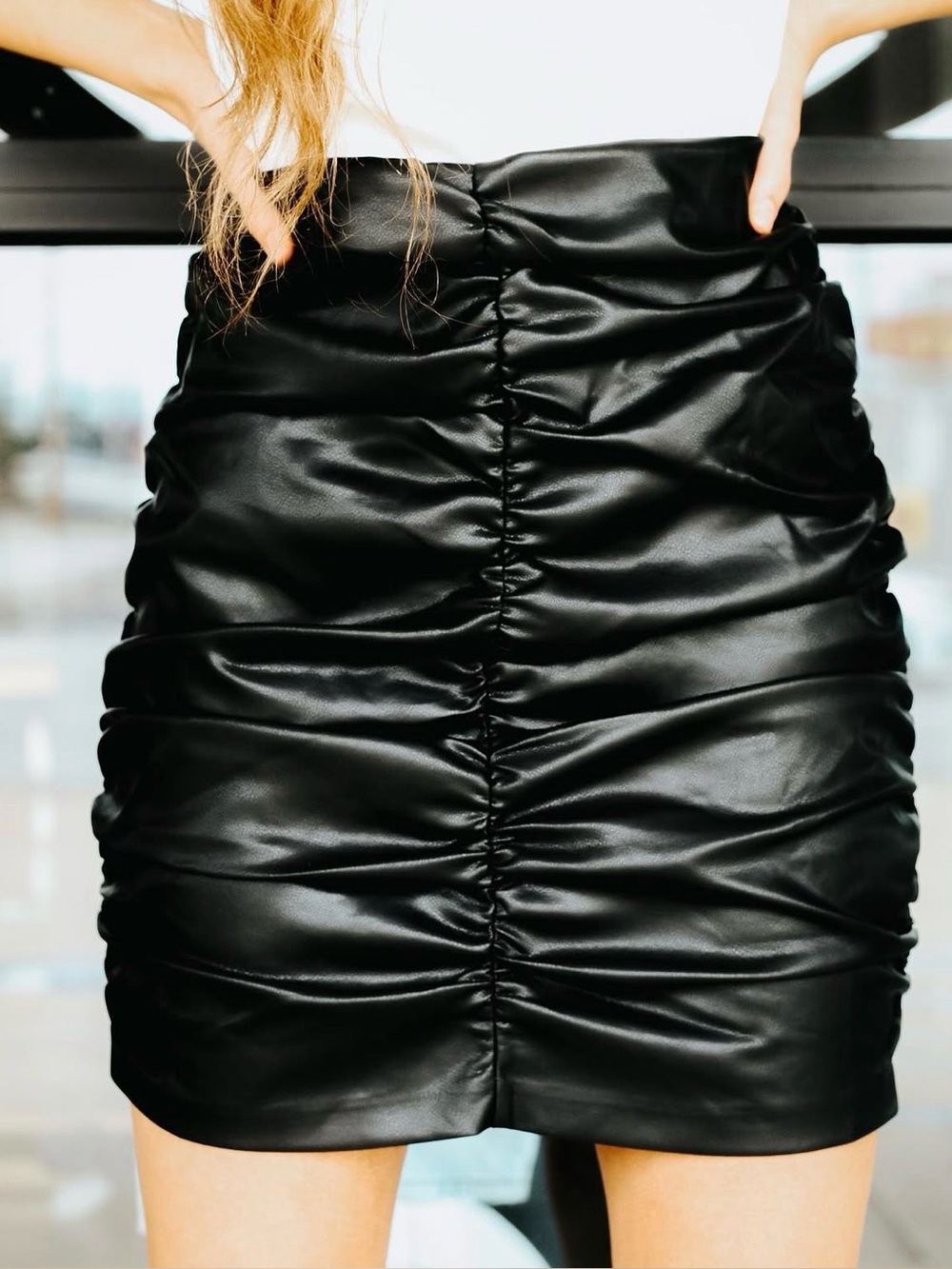 HYFVE Black Faux Leather Ruched Midi Skirt